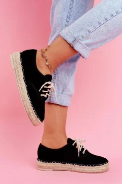 Espadryle Damskie Na Platformie Lniane Czarne Sonya