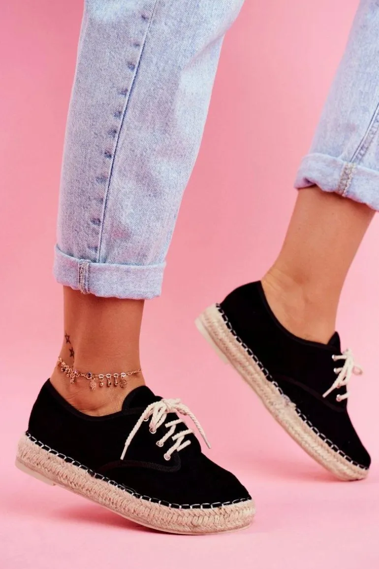 Espadryle Damskie Na Platformie Lniane Czarne Sonya