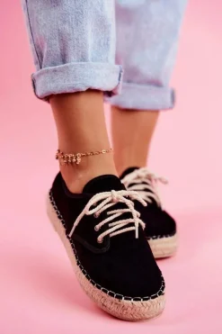 Espadryle Damskie Na Platformie Lniane Czarne Sonya