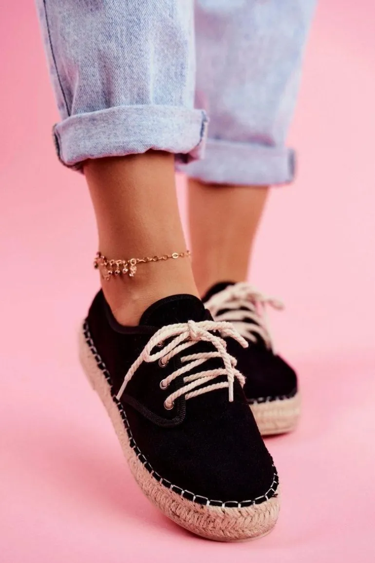 Espadryle Damskie Na Platformie Lniane Czarne Sonya