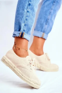 Espadryle Damskie Na Platformie Lniane Beżowe Sonya