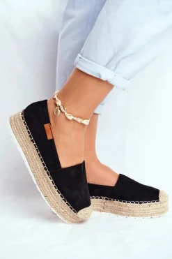 Espadryle Damskie Na Platformie Lniane Czarne La Playa