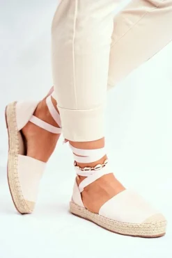 Espadryle Damskie Wiązane Lniane Beżowe Bonjour