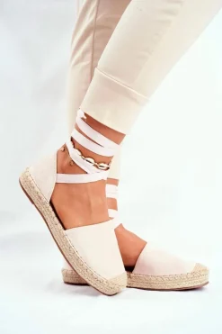 Espadryle Damskie Wiązane Lniane Beżowe Bonjour