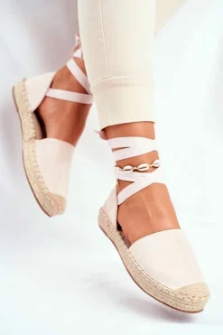 Espadryle Damskie Wiązane Lniane Beżowe Bonjour