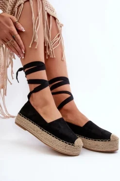 Espadryle Damskie Wiązane Na Platformie Z Plecionką Czarne Tailesse