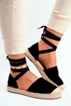 Espadryle Damskie Wiązane Lniane Czarne Bonjour