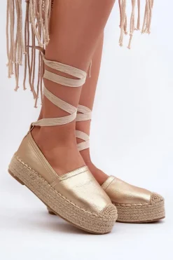 Espadryle Damskie Wiązane Na Platformie Z Plecionką Złote Tailesse