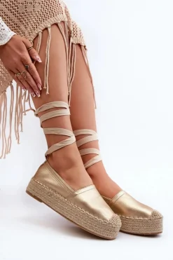 Espadryle Damskie Wiązane Na Platformie Z Plecionką Złote Tailesse