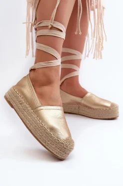 Espadryle Damskie Wiązane Na Platformie Z Plecionką Złote Tailesse