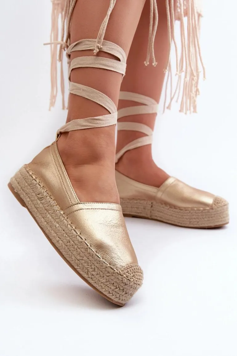 Espadryle Damskie Wiązane Na Platformie Z Plecionką Złote Tailesse