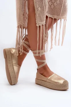 Espadryle Damskie Wiązane Na Platformie Z Plecionką Złote Tailesse