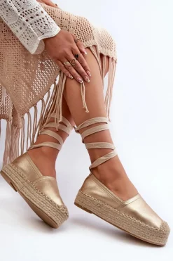 Espadryle Damskie Wiązane Na Platformie Z Plecionką Złote Tailesse