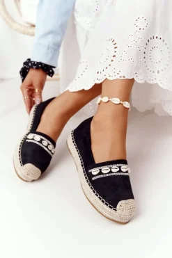 Espadryle Na Platformie Z Muszelkami Czarne Seashell