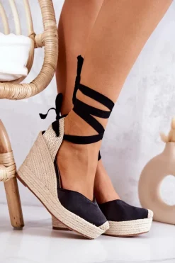 Espadryle Sandały Na Koturnie Czarne Terrific