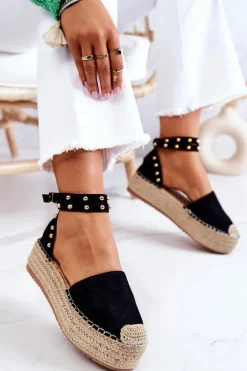 Espadryle Sandały Z Dżetami Czarne Lillian