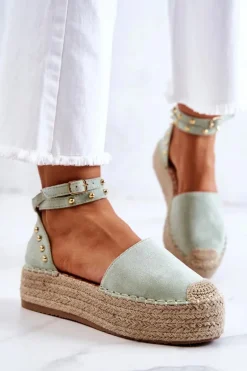 Espadryle Sandały Z Dżetami Zielone Lillian