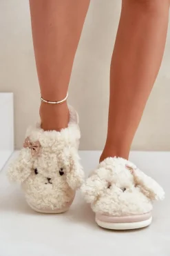 Futrzane Ciepłe Kapcie Damskie Beżowe Falinivia