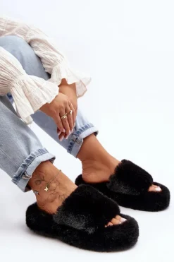 Futrzane Kapcie Damskie Czarne Biella