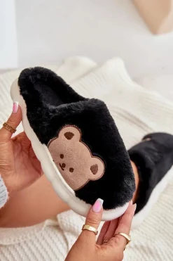 Futrzane Kapcie Damskie Misie Czarne Firedi