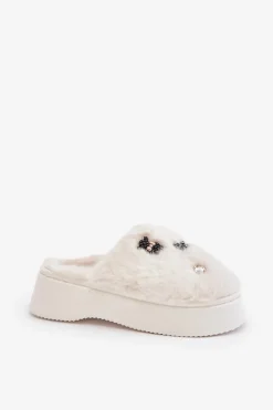 Futrzane Kapcie Damskie Na Grubej Podeszwie Z Przypinkami Jasnobeżowe Zintoria