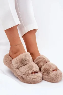 Futrzane Kapcie Damskie Na Platformie Khaki Talfedi