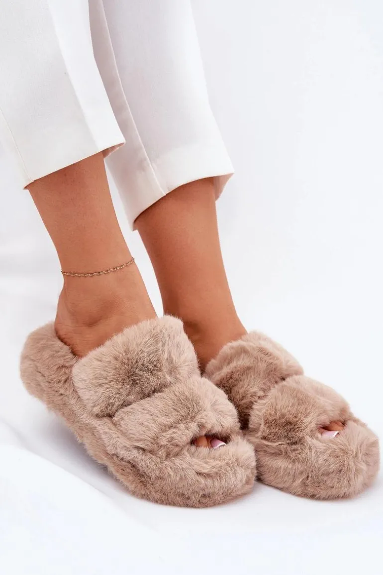 Futrzane Kapcie Damskie Na Platformie Khaki Talfedi