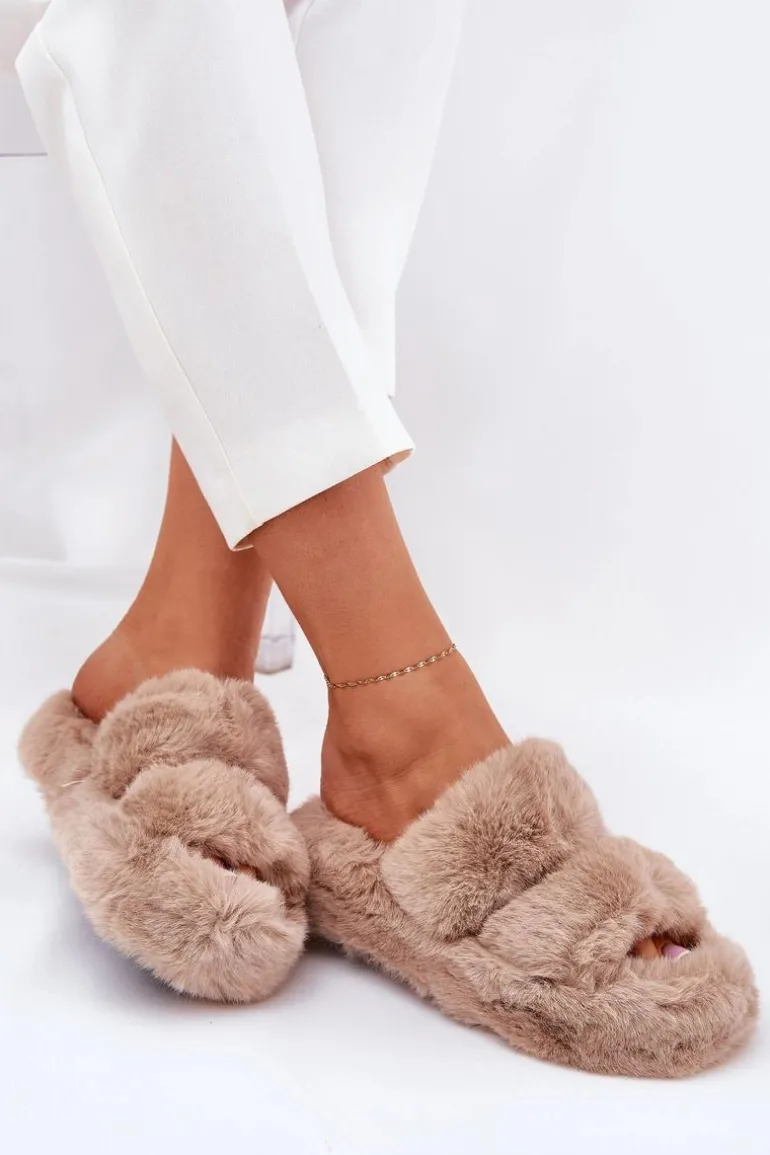 Futrzane Kapcie Damskie Na Platformie Khaki Talfedi