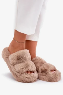Futrzane Kapcie Damskie Na Platformie Khaki Talfedi