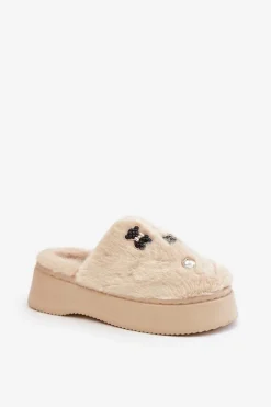 Futrzane Kapcie Damskie Na Grubej Podeszwie Z Przypinkami Beżowe Zintoria