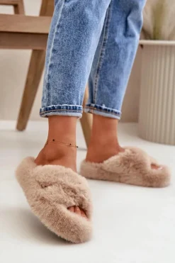 Futrzane Kapcie Damskie Na Grubej Podeszwie Beżowe Lavitera