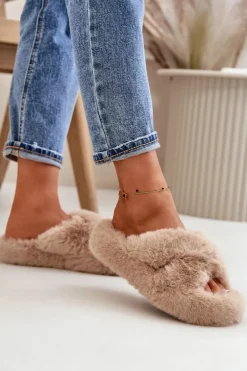 Futrzane Kapcie Damskie Na Grubej Podeszwie Beżowe Lavitera