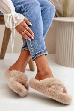 Futrzane Kapcie Damskie Na Grubej Podeszwie Beżowe Lavitera