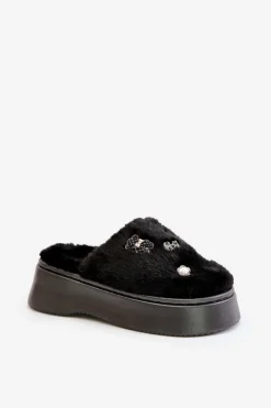 Futrzane Kapcie Damskie Na Grubej Podeszwie Z Przypinkami Czarne Zintoria