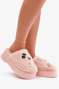 Futrzane Kapcie Damskie Na Grubej Podeszwie Z Przypinkami Różowe Zintoria