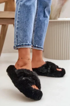 Futrzane Kapcie Damskie Na Grubej Podeszwie Czarne Lavitera