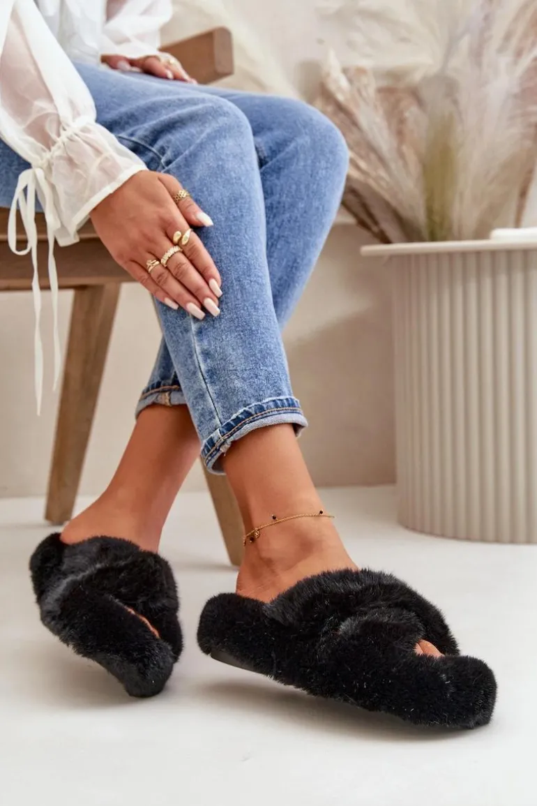Futrzane Kapcie Damskie Na Grubej Podeszwie Czarne Lavitera