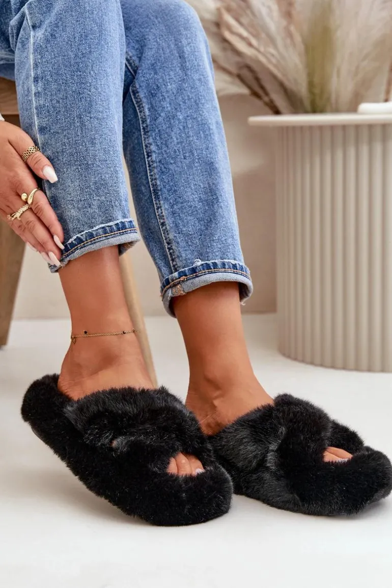 Futrzane Kapcie Damskie Na Grubej Podeszwie Czarne Lavitera