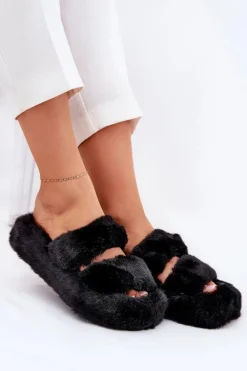 Futrzane Kapcie Damskie Na Platformie Czarne Talfedi