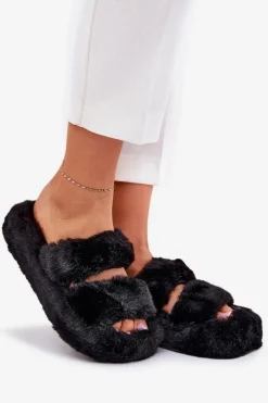 Futrzane Kapcie Damskie Na Platformie Czarne Talfedi