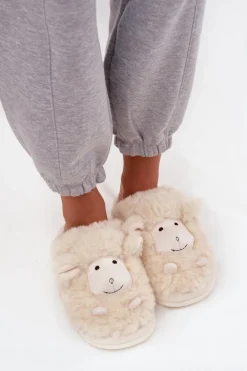 Futrzane Kapcie Damskie Owieczki Beżowe Sylline