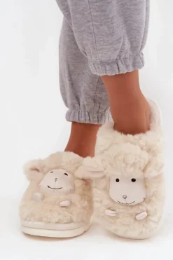 Futrzane Kapcie Damskie Owieczki Beżowe Sylline