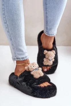 Futrzane Kapcie Damskie Z Misiem Czarne Romania