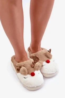 Futrzane Kapcie Damskie Z Motywem Renifera Brązowe Wistira