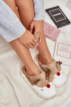 Futrzane Kapcie Damskie Z Motywem Renifera Brązowe Wistira