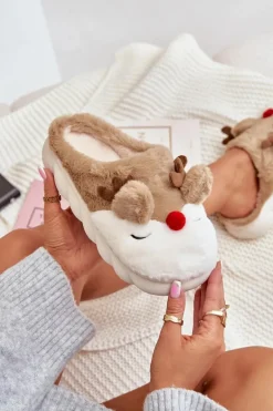 Futrzane Kapcie Damskie Z Motywem Renifera Brązowe Wistira