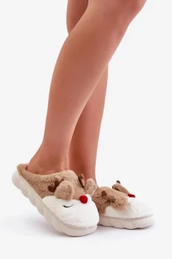 Futrzane Kapcie Damskie Z Motywem Renifera Brązowe Wistira