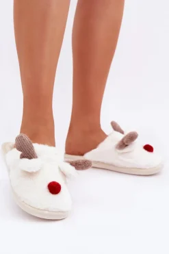 Futrzane Kapcie Damskie Z Motywem Renifera Białe Sennalith