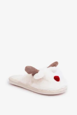 Futrzane Kapcie Damskie Z Motywem Renifera Białe Sennalith