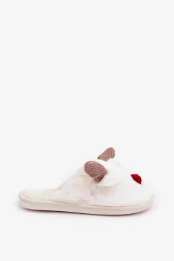 Futrzane Kapcie Damskie Z Motywem Renifera Białe Sennalith